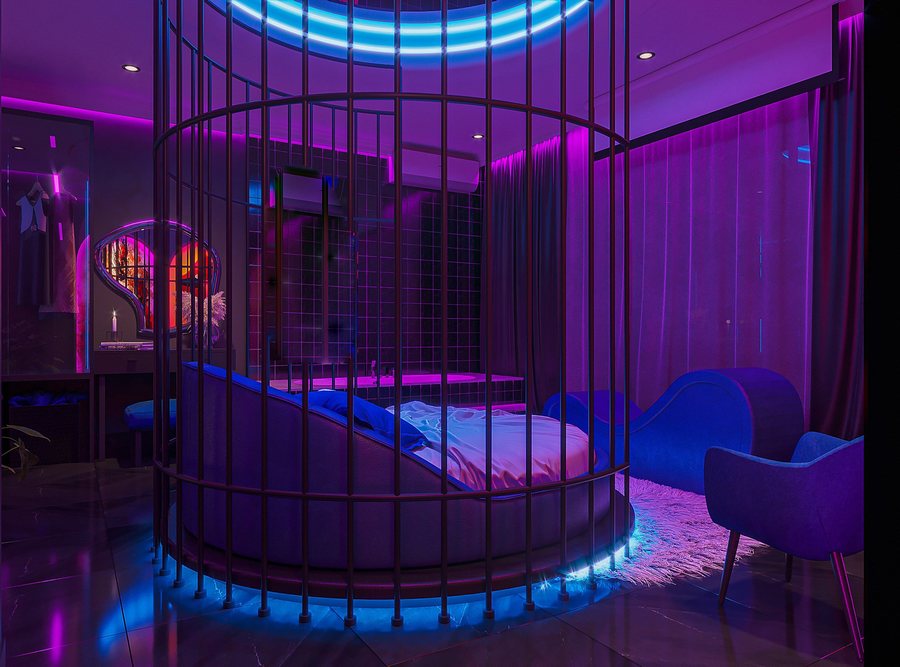 thiết kế phòng khách sạn tình yêu, thi công phòng khách sạn lãng mạn, nội thất khách sạn chủ đề love, thiết kế khách sạn phong cách neon 