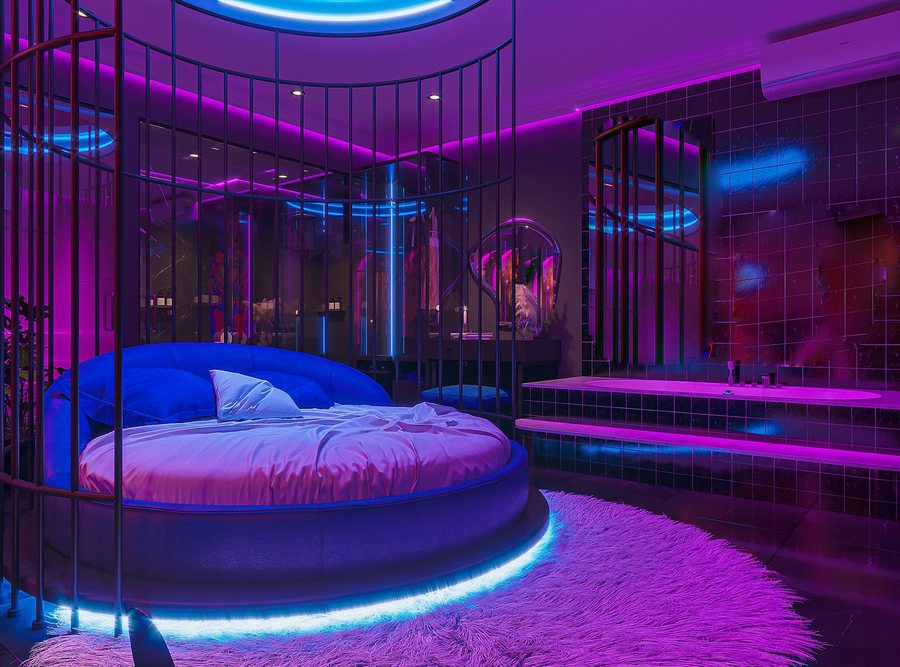 H2: Thiết kế thi công nội thất phòng khách sạn chủ đề tình yêu lãng mạn theo phong cách Neon Romantic 