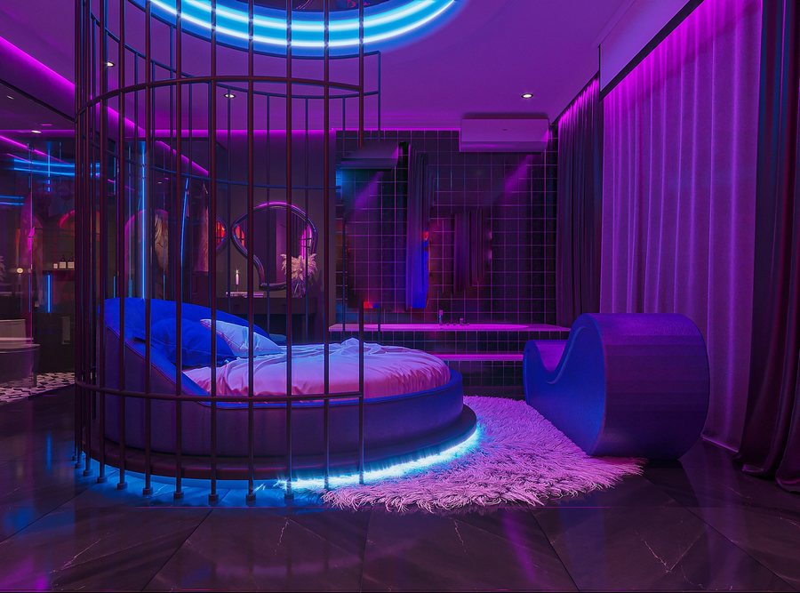 Phòng trong hình có diện tích 28–40m², phù hợp cho mô hình khách sạn tình yêu hoặc phòng nghỉ cao cấp theo chủ đề. 