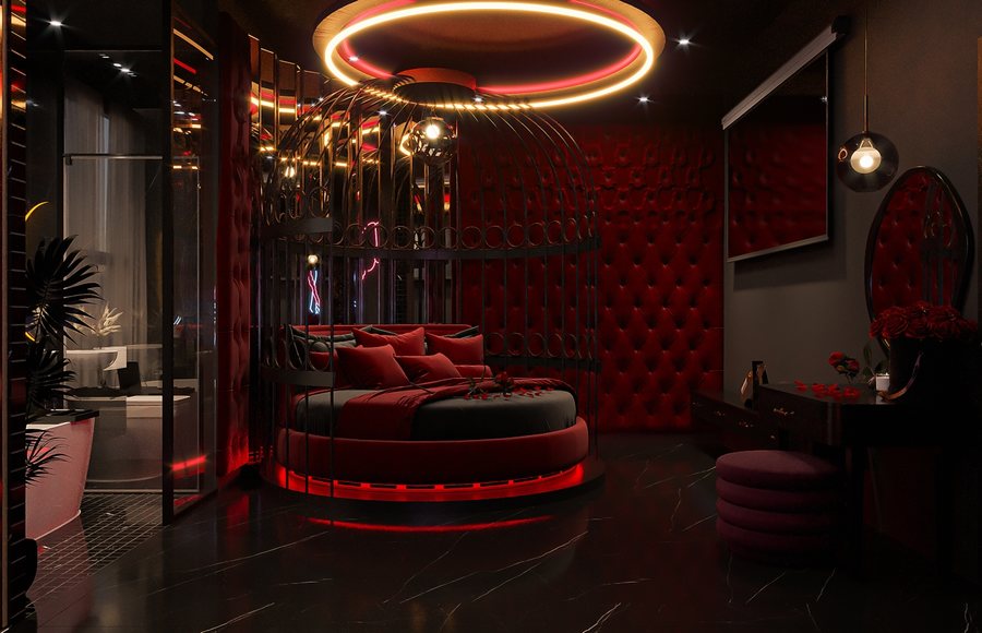 Không gian phòng khách sạn Boutique – Romantic Theme nổi bật với ánh sáng LED nghệ thuật, bố cục sang trọng và nội thất được tối ưu theo trải nghiệm khách hàng.