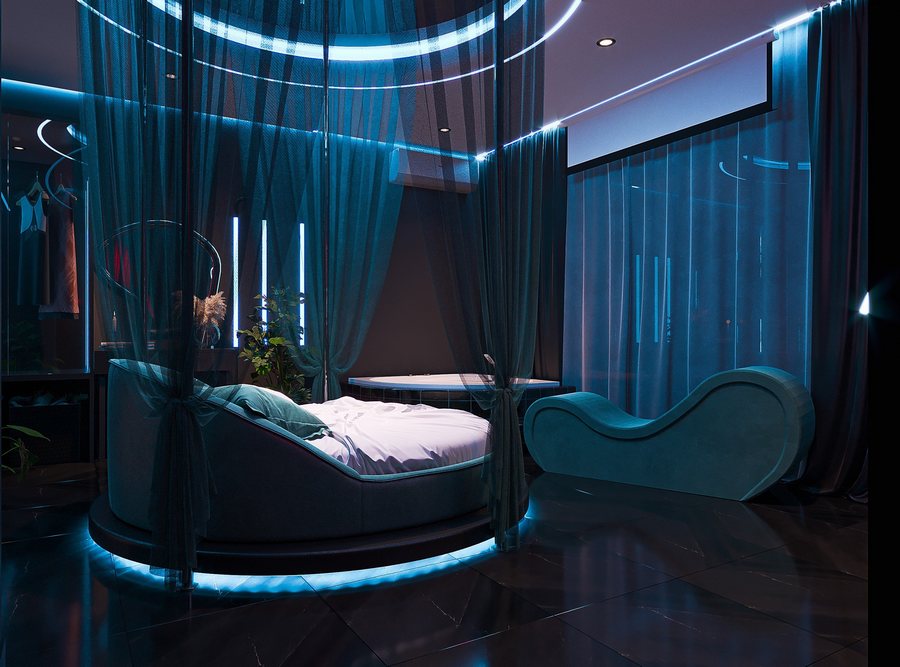 Thiết kế nội thất phòng khách sạn tình yêu phong cách Aqua Neon Romantic với giường tròn, ánh sáng xanh neon và bồn tắm mở sang trọng. 