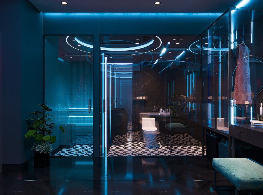 H1: Thiết kế thi công nội thất phòng khách sạn chủ đề tình yêu lãng mạn phong cách Aqua Neon Romantic 