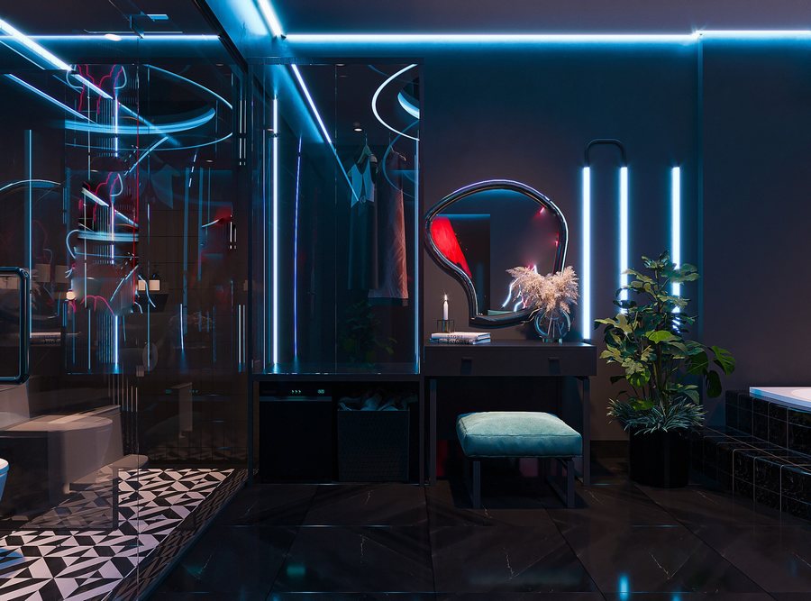 Khám phá thiết kế phòng khách sạn tình yêu phong cách Aqua Neon Romantic với giường tròn, ánh sáng xanh dịu và nội thất sang trọng đầy cảm xúc. 