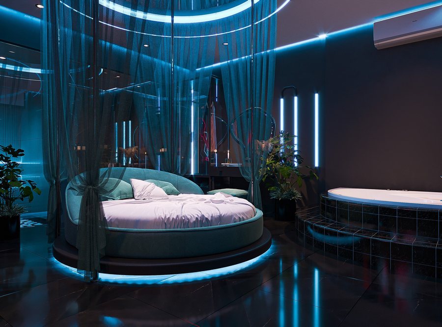 thiết kế phòng khách sạn tình yêu, thi công phòng khách sạn lãng mạn, phòng khách sạn giường tròn, thiết kế khách sạn neon, love hotel Việt Nam