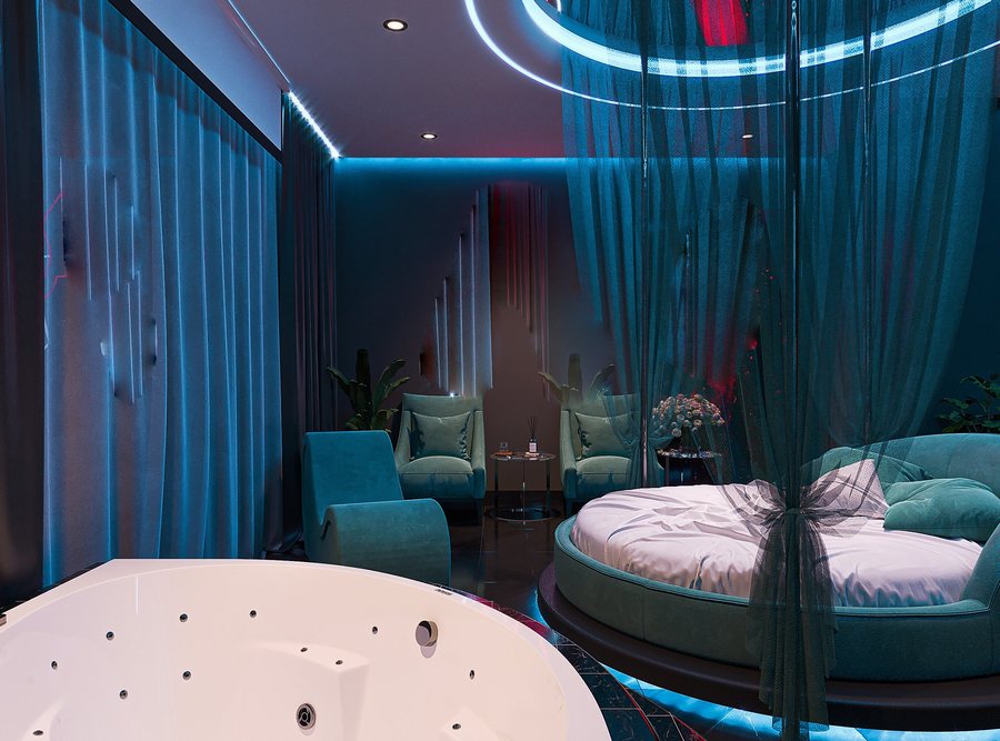 Phong cách Aqua Neon Romantic là sự kết hợp giữa ánh sáng xanh dịu (aqua), hiệu ứng neon hiện đại và những đường cong mềm mại, tạo nên không gian lãng mạn, thư giãn nhưng vẫn đầy chất “tương lai”. Đây là phong cách đang được nhiều khách sạn couple – honeymoon – staycation yêu thích nhờ cảm giác tinh tế, sang trọng và giàu cảm xúc.