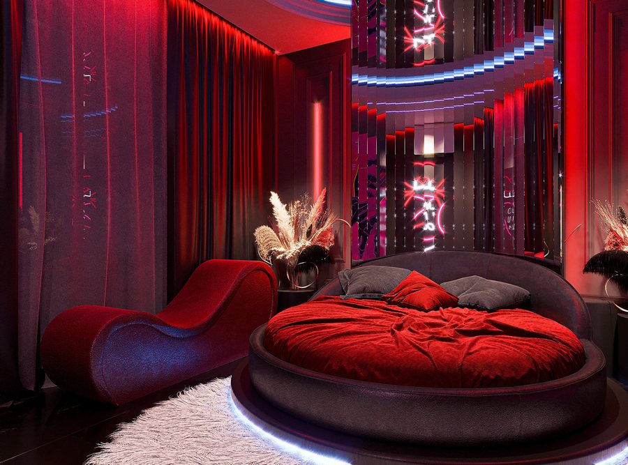 Alt: thiết kế thi công phòng khách sạn tình yêu phong cách neon romantic luxury với giường tròn đỏ, ánh sáng led đa sắc và mảng gương nghệ thuật hiện đại 