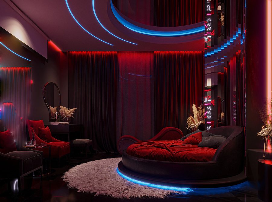 Phòng khách sạn tình yêu phong cách Neon Romantic Luxury với ánh sáng LED đa sắc và giường tròn sang trọng. 