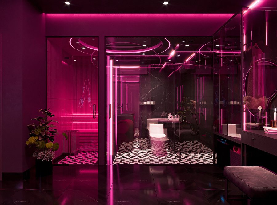 Phòng khách sạn chủ đề tình nhân với bảng màu đỏ đen sang trọng, ghế thư giãn tối màu và hiệu ứng ánh sáng chuyển sắc ấn tượng.  Thiết kế phòng khách sạn nghệ thuật sử dụng gương, neon và chất liệu nhung làm nổi bật sự sang trọng và trải nghiệm cảm xúc cho khách. 