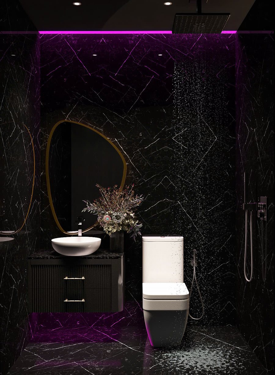 Thiết kế thi công phòng khách sạn tình nhân hiện đại ánh sáng tím, giường cong, tranh thiên nga nghệ thuật 2