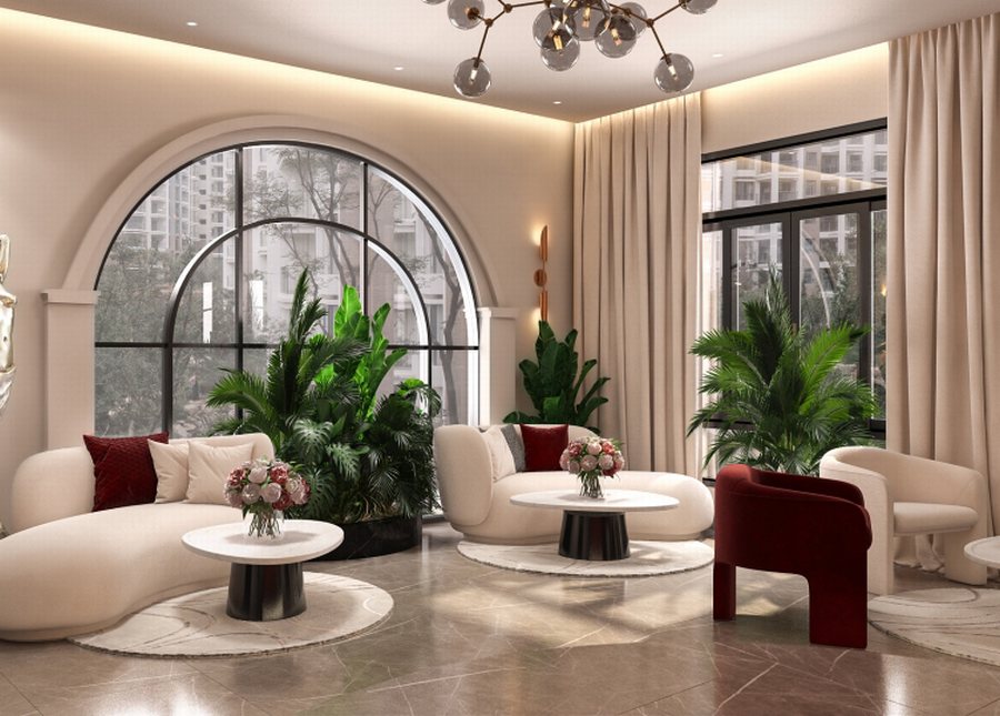 Thiết kế thi công nội thất sảnh khách sạn hiện đại với quầy lễ tân bo cong và tông màu ấm sang trọng