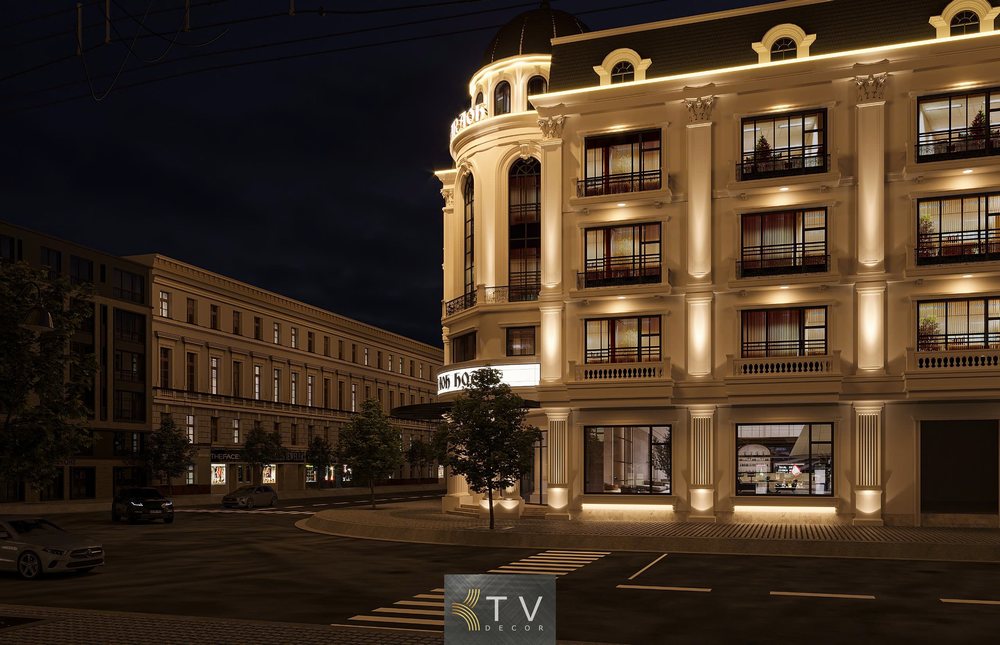 thiết kế khách sạn tân cổ điển, thi công khách sạn cổ điển, thiết kế khách sạn sang trọng châu Âu, mặt tiền khách sạn tân cổ, kiến trúc khách sạn 5 tầng