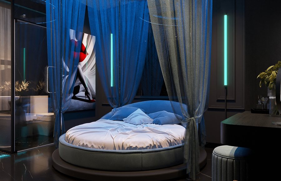 Phòng khách sạn Mood Blue với giường tròn và ánh sáng LED xanh mang lại cảm giác thư giãn, sang trọng và cực kỳ hiện đại. 