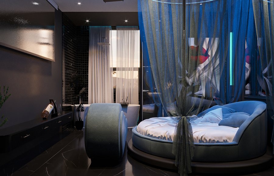 Không gian nội thất kết hợp ánh sáng đa lớp, gương LED và rèm voan giúp tạo nên phong cách lãng mạn và tinh tế.