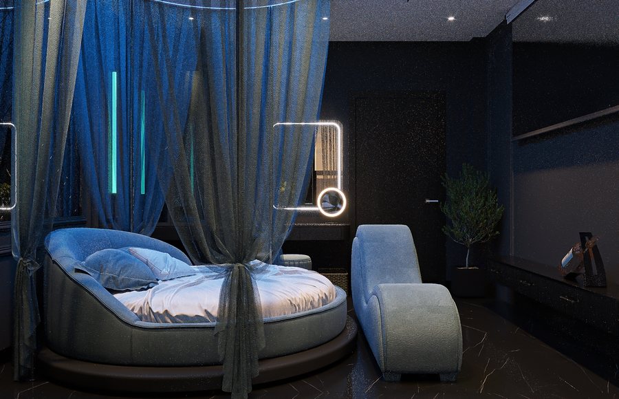 Không gian phòng khách sạn hiện đại với giường tròn, ánh sáng Mood Blue và rèm voan mềm mại tạo cảm giác thư giãn, sang trọng và thu hút người sử dụng.  Thiết kế nội thất phòng khách sạn tông xanh ánh sáng LED, sàn đá đen và gương trang điểm bo LED mang lại phong cách cao cấp và trẻ trung đầy ấn tượng.