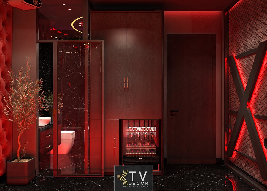 thiết kế phòng tình yêu, nội thất khách sạn lãng mạn, thi công khách sạn, phòng concept đỏ, luxury romantic, giường tròn, ánh sáng đỏ