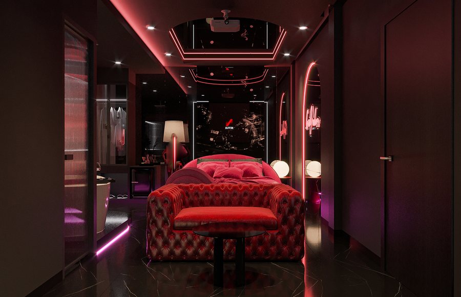 Giường canopy với rèm đỏ điểm ánh sáng phản chiếu tạo chiều sâu thị giác và giúp căn phòng trở nên ấn tượng hơn. Hệ đèn treo décor dạng cầu thủy tinh mang ánh sáng vàng ấm tạo bầu không khí thư giãn.