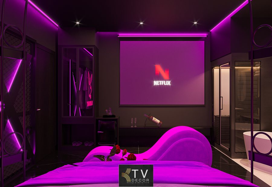 Key: thiết kế nội thất phòng khách sạn lãng mạn, thi công phòng khách sạn chủ đề tình yêu, thiết kế phòng tình nhân đẹp, phòng khách sạn chủ đề neon tím. 