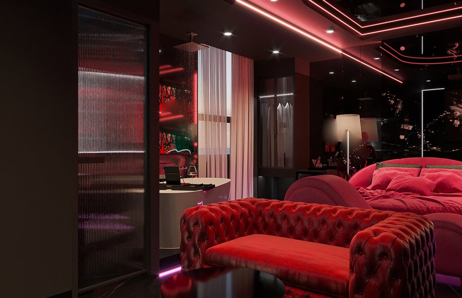 Khu vực bồn tắm được bố trí cạnh giường với ánh sáng dịu nhẹ và hiệu ứng phun sương tạo cảm giác thư thái, mang đến trải nghiệm nghỉ dưỡng đẳng cấp