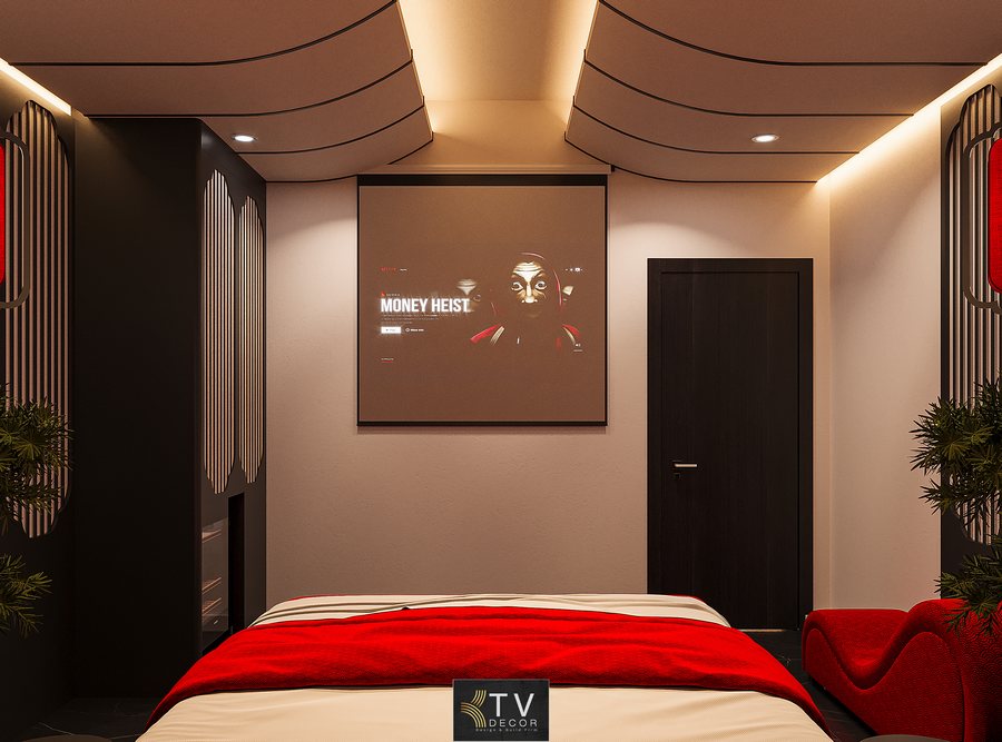 Diện tích dự kiến: 25–30m², phù hợp bố trí giường lớn trung tâm, ghế thư giãn và các mảng trang trí hai bên.