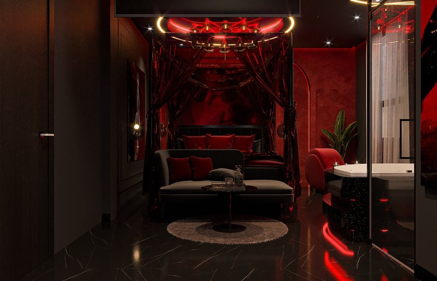 Thiết kế thi công nội thất phòng khách sạn sang trọng với sắc đỏ – ánh sáng điểm nhấn cuốn hút