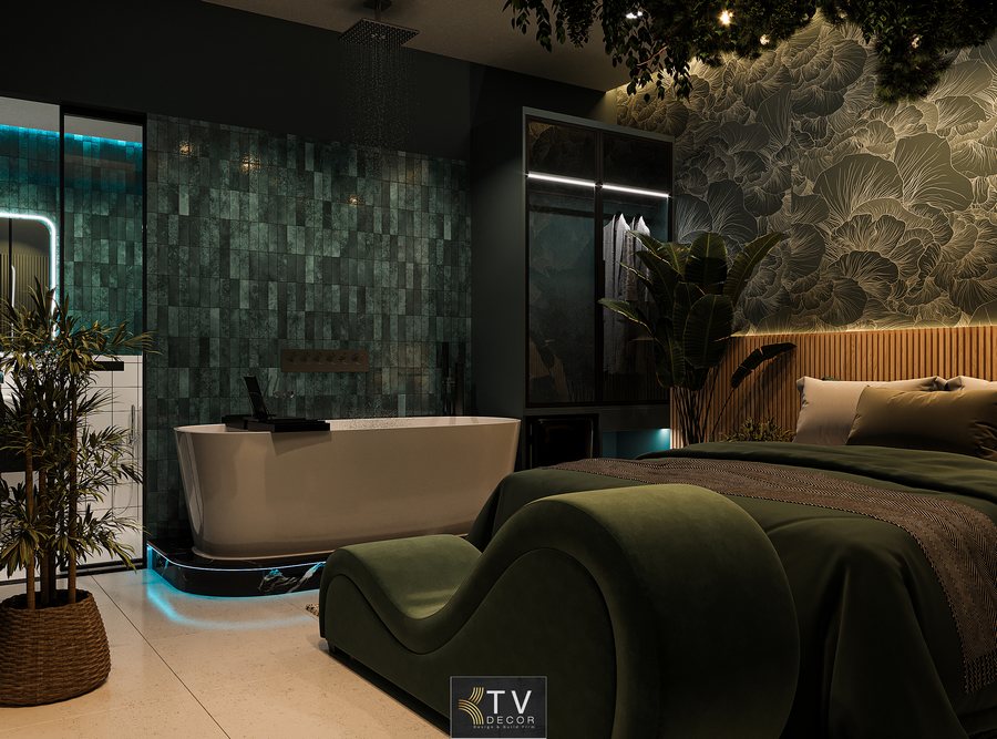 Meta Description: Thiết kế nội thất phòng khách sạn phong cách Tropical Emerald Romantic, không gian lãng mạn – thư giãn – sang trọng. KTV GROUP thi công trọn gói.