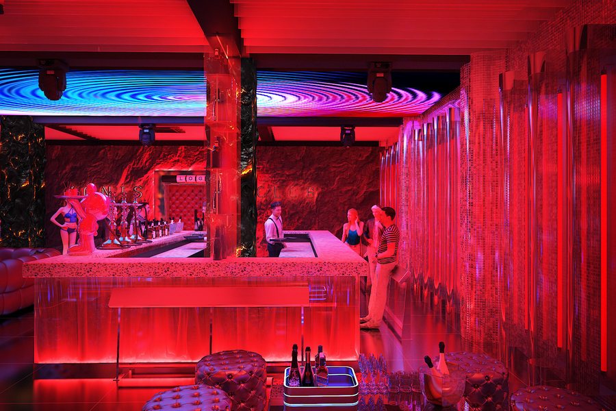 Không gian Bar Club sang trọng với thiết kế ánh sáng LED đỏ tím nổi bật, mang lại trải nghiệm nightlife đẳng cấp 
