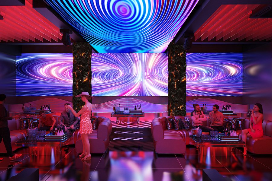 Không gian bar club trong ảnh thể hiện sự đẳng cấp và hiện đại với hệ thống màn hình LED khổ lớn bao trùm cả trần và vách tường 