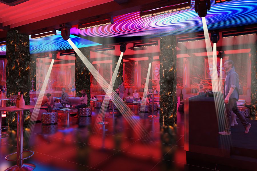Không gian Bar Club bùng nổ ánh sáng sân khấu và âm nhạc DJ, mang lại trải nghiệm giải trí đỉnh cao cho khách hàng 