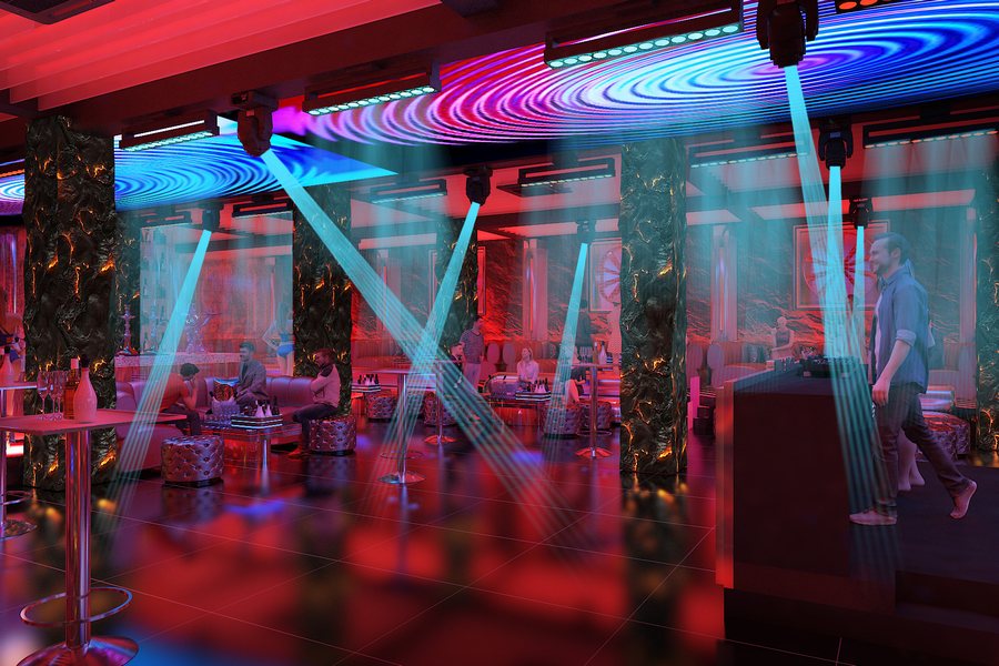 Bar Club rực rỡ với ánh sáng xanh đỏ kết hợp âm nhạc DJ, tạo không gian giải trí hiện đại và cuốn hút