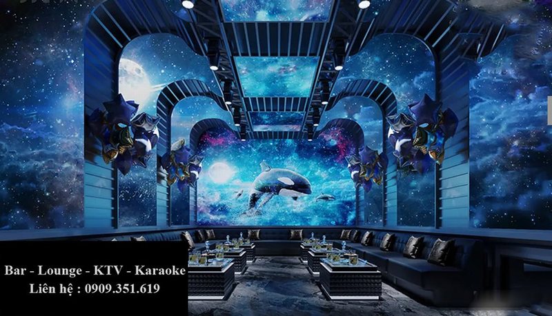 Thiết kế thi công karaoke tại Biên Hòa – Đồng Nai phong cách vũ trụ hiện đại, trần LED 3D kết hợp ánh sáng cao cấp – KTV Decor