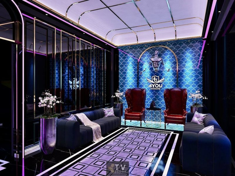 Thiết kế thi công karaoke tại Biên Hòa – Đồng Nai khu vực sảnh phong cách hiện đại sang trọng, ánh sáng tím xanh nghệ thuật