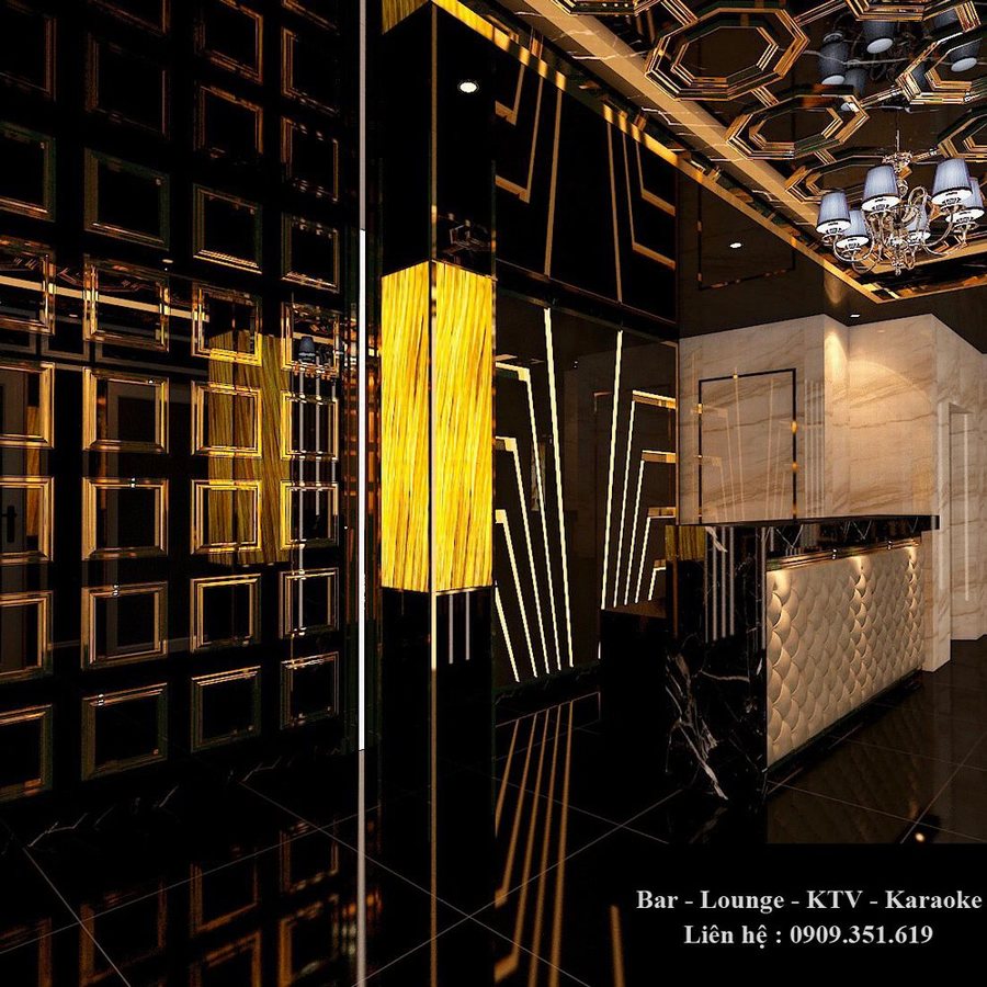 Thiết kế thi công karaoke tại Bình Phước với không gian sảnh lễ tân sang trọng, phong cách Art Deco, đèn vàng ánh kim nổi bật