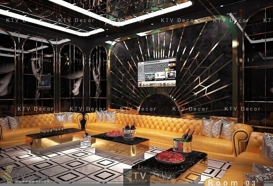 Thiết kế thi công hành lang KTV Karaoke tại Cần Thơ theo phong cách sang trọng, ốp đá cao cấp, đèn chùm pha lê nghệ thuật, tạo ấn tượng đẳng cấp cho không gian giải trí.