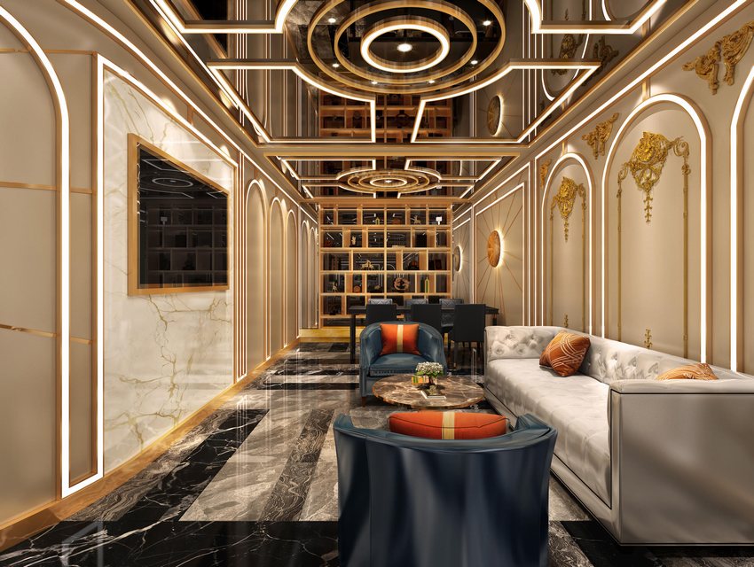 Thiết kế thi công karaoke phong cách tân cổ điển sang trọng, trần đèn nghệ thuật, tường đá marble và nội thất cao cấp tạo nên không gian giải trí đẳng cấp. 