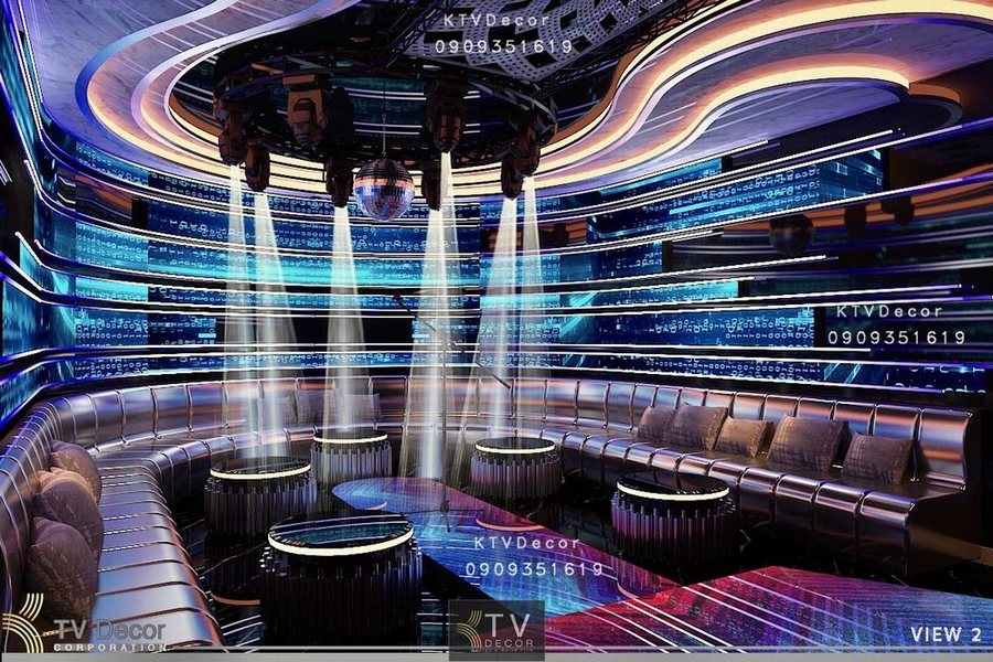 Thiết kế thi công karaoke tại Tây Ninh – phòng karaoke hiện đại với ghế sofa vòng cung, đèn LED 3D, ánh sáng sân khấu và nội thất sang trọng.