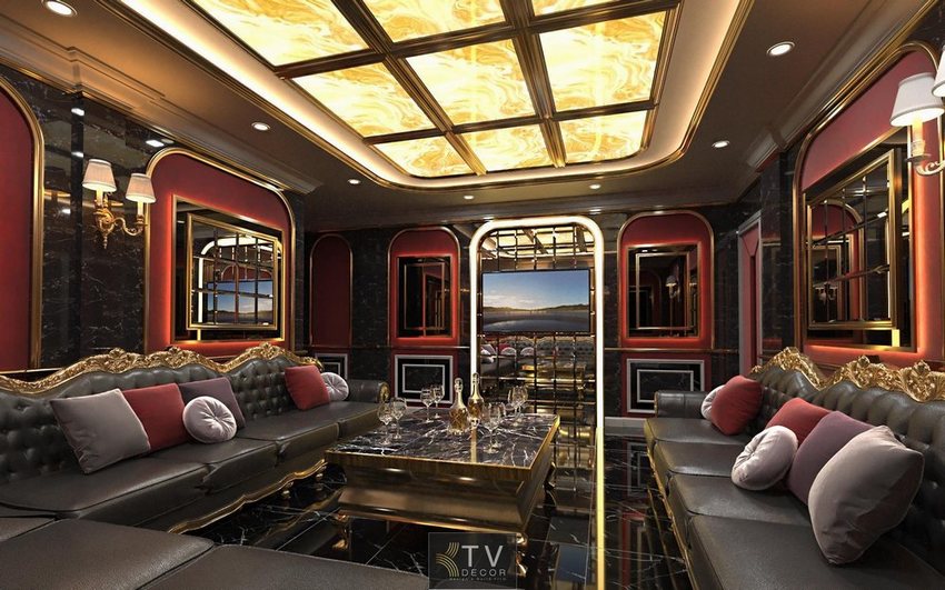 Thiết kế thi công karaoke tại Vũng Tàu phong cách cổ điển hiện đại – trần xuyên sáng, nội thất da cao cấp, ánh sáng ấm cúng và sang trọng.