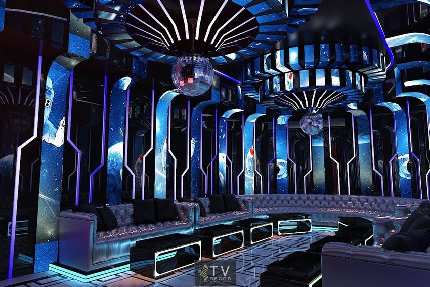 Thiết kế thi công karaoke tại Vũng Tàu phong cách vũ trụ – phòng karaoke đẳng cấp với trần xoáy LED, hình ảnh phi hành gia và hiệu ứng ánh sáng tương lai