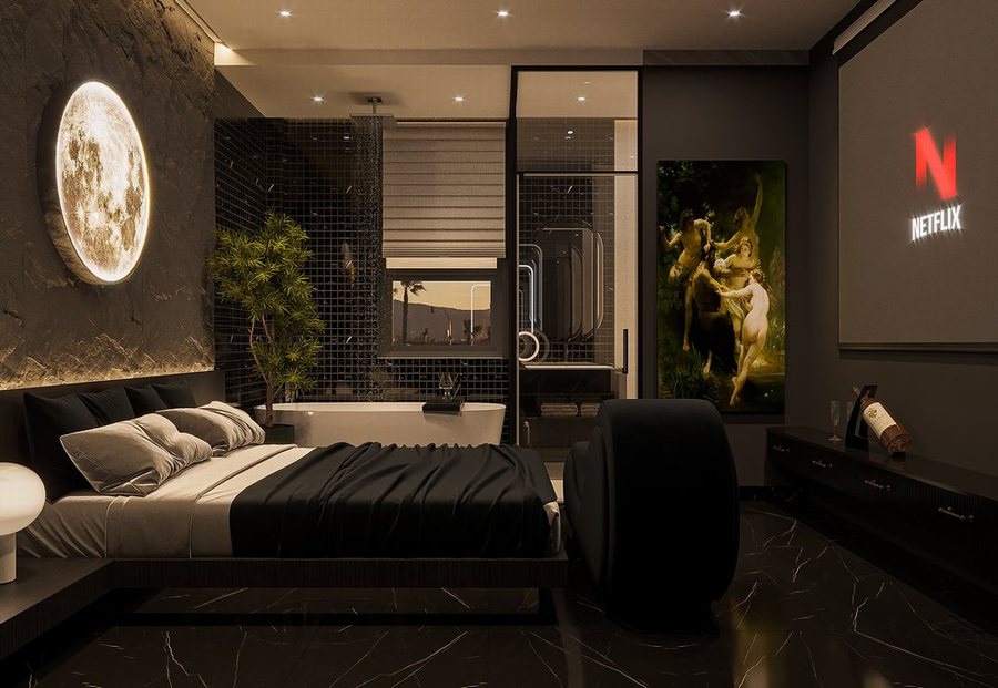 thiết kế phòng khách sạn tình yêu Long An phong cách đen sang trọng với đèn mặt trăng và bồn tắm lộ thiên