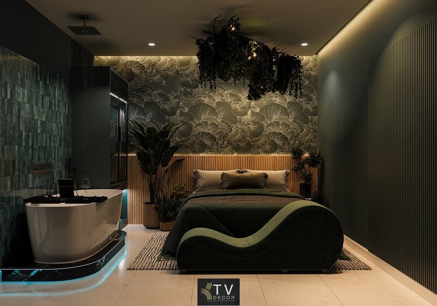 Thiết kế thi công khách sạn tình yêu tại Biên Hòa Đồng Nai với phong cách xanh rêu hiện đại, bồn tắm đôi và nội thất sang trọng