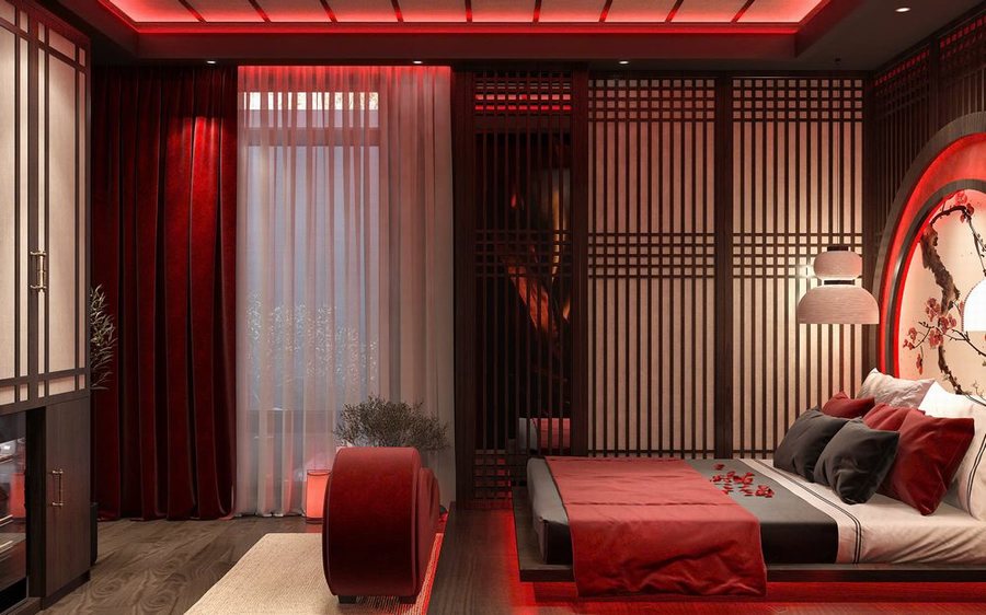 Thiết kế thi công khách sạn tình yêu phong cách Á Đông tại Biên Hòa Đồng Nai với ánh sáng đỏ, lam gỗ và giường kiểu Nhật lãng mạn