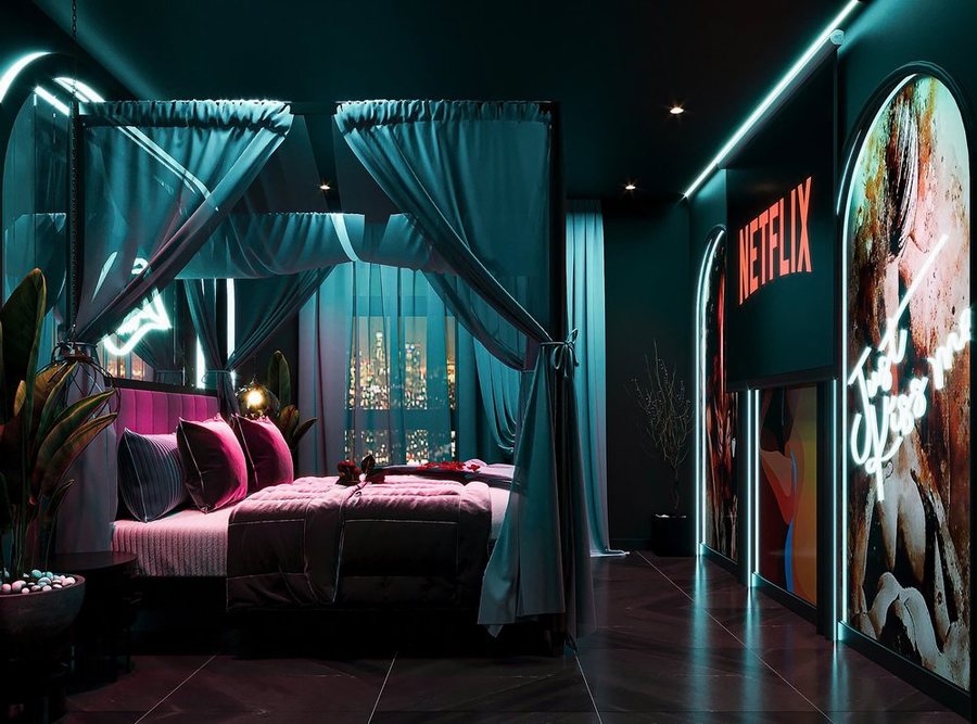 Thiết kế thi công khách sạn tình yêu tại Bình Dương phong cách hiện đại, phòng ngủ concept Netflix kết hợp ánh sáng LED và nội thất cá tính – KTV DECOR