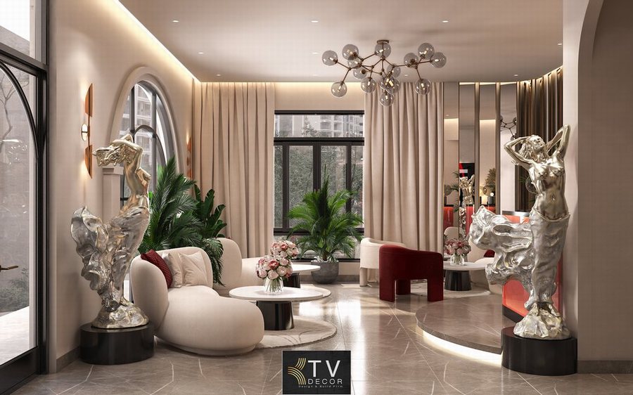 Thiết kế thi công khách sạn tình yêu tại Bình Dương với sảnh chờ phong cách bán cổ điển, tượng decor cao cấp, nội thất sang trọng