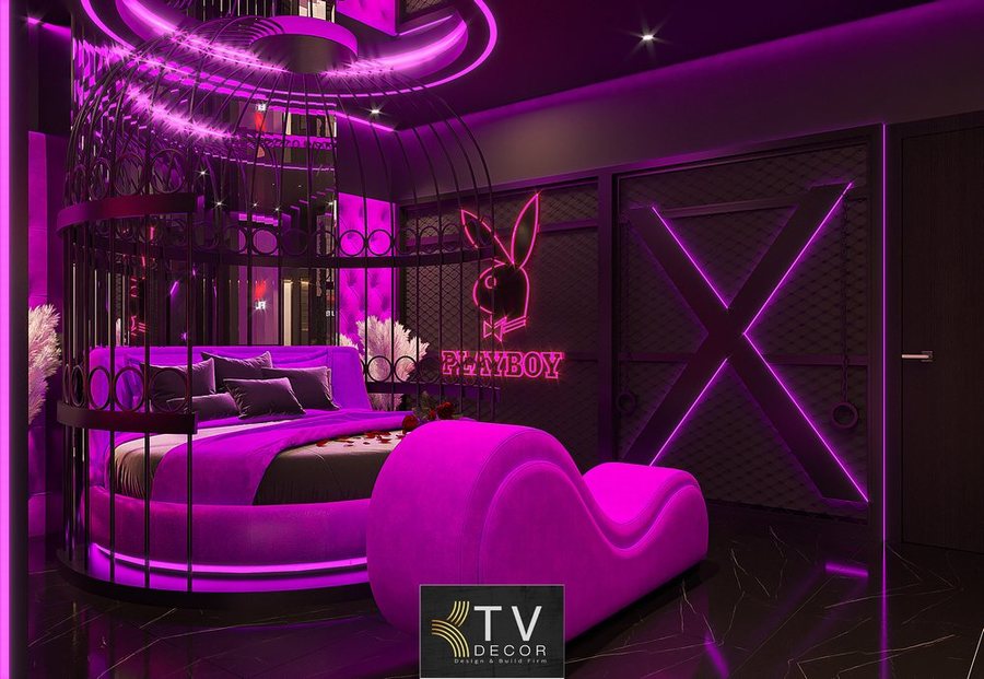 Thiết kế thi công khách sạn tình yêu tại Bình Dương phòng concept Playboy, giường tròn lồng sắt, đèn LED tím, ghế tình yêu, không gian sexy ấn tượng