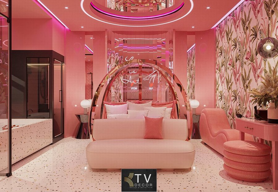 Thiết kế thi công khách sạn tình yêu tại Bình Dương phòng Pink Love, nội thất màu hồng pastel, giường tròn khung treo, đèn LED nghệ thuật lãng mạn
