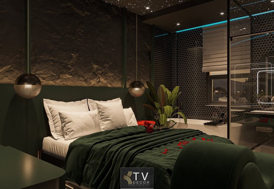 Thiết kế thi công khách sạn và khách sạn tình yêu tại Bình Phước – Phòng ngủ hiện đại với trần sao, nội thất cao cấp và bồn tắm lãng mạn cạnh giường.