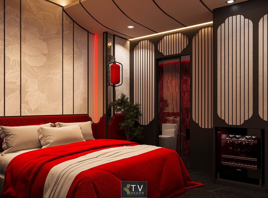 Thiết kế thi công khách sạn và khách sạn tình yêu tại Bình Phước với phòng ngủ mang phong cách Á Đông hiện đại, sử dụng tông màu đỏ – trắng và chi tiết trang trí đèn lồng độc đáo. 