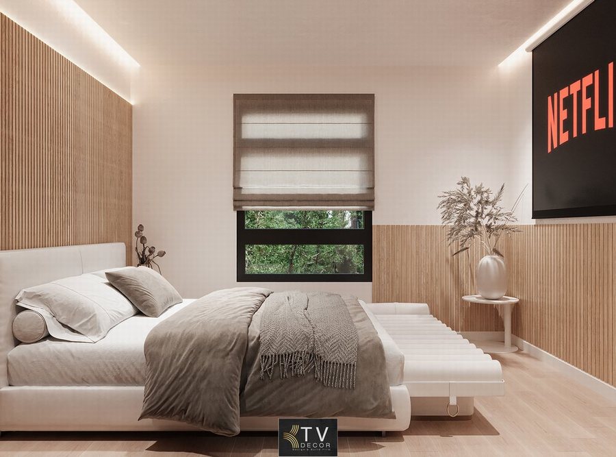 Thiết kế thi công khách sạn và khách sạn tình yêu tại Bình Phước với phòng ngủ phong cách tối giản, tông màu trung tính ấm áp, tích hợp giải trí Netflix hiện đại. 