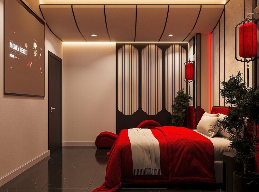 Thiết kế thi công khách sạn và khách sạn tình yêu tại Bình Phước với phòng ngủ phong cách Á Đông hiện đại, giường đỏ, đèn lồng, ghế tình yêu và màn chiếu phim tạo không gian lãng mạn. 