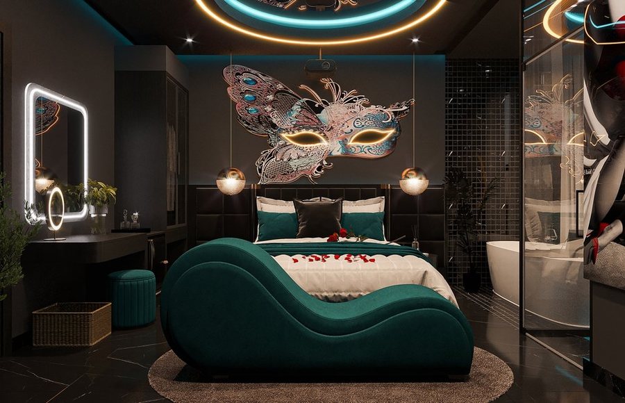 Thiết kế thi công khách sạn và khách sạn tình yêu tại Bình Phước với phòng ngủ đậm chất nghệ thuật, nội thất đen – xanh, tranh mặt nạ, ghế tình yêu và ánh sáng LED ấn tượng. 
