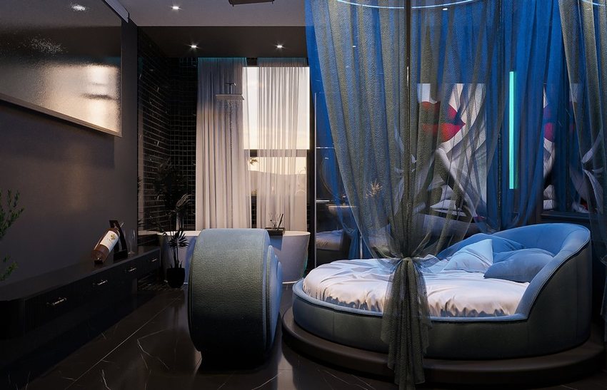 Thiết kế thi công khách sạn và khách sạn tình yêu tại Nha Trang – Khánh Hòa với phòng ngủ tone xanh, giường tròn lãng mạn và nội thất hiện đại. 
